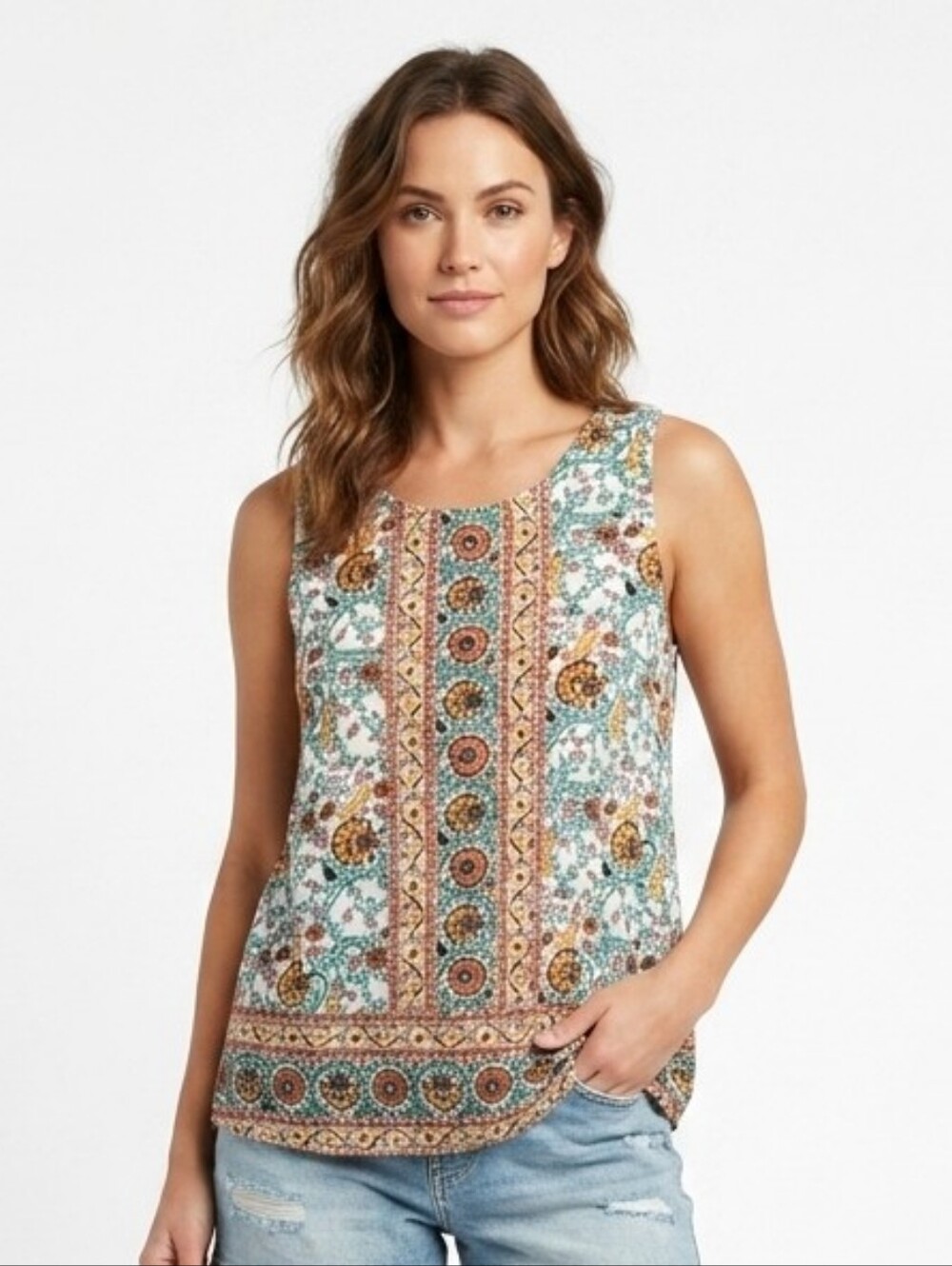 Christian Siriano Boho Fall Floral Sleeveless Top-  Button Back Sz L Cottagecore